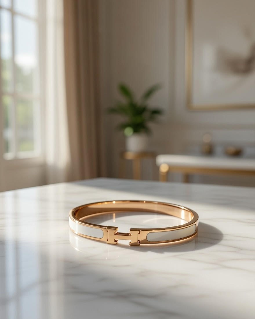 White Enamel H Bangle Bracelet