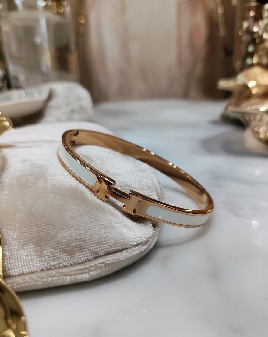 White Enamel H Bangle Bracelet